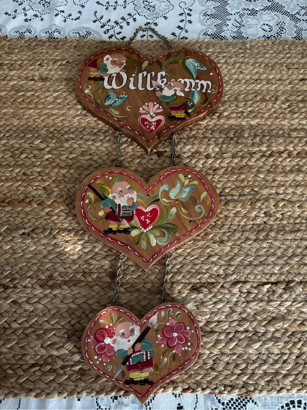 Vintage hand painted gnome welcome heart sign wall hanging